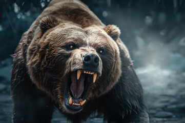 Close up shot of an incredibly angry bear created with Generative AI technology - obrazy, fototapety, plakaty