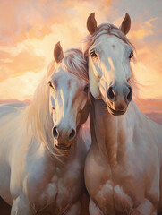A painting of two horses cuddling in the evening sunset