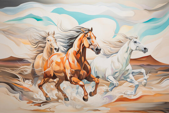 A painting of horses running on the clean under a light sky
