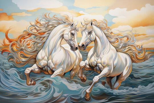 A painting of horses running on the clean under a light sky