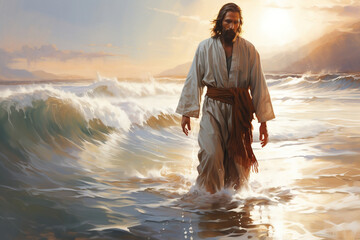 Serenity in Motion, Abstract Oil Painting of Jesus Walking on Wavy Seas