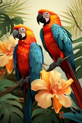 Illustration of two vibrant parrots perched on a blooming branch created with Generative AI technology