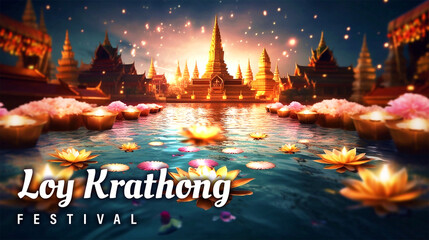 Happy Loy Krathong festival of Thailand background with lgolden temple and flying lantern - obrazy, fototapety, plakaty