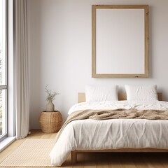 Fototapeta na wymiar Coastal boho bedroom interior with frame mockup, 3D render. Created with Generative AI technology