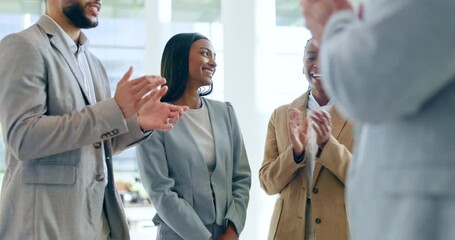 Business woman, handshake and meeting applause for hiring success, recruitment and welcome or praise. Congratulations, job promotion and thank you of Human Resources manager and people shaking hands
