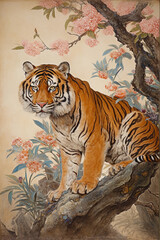 A painting of a tiger with a nature on the background