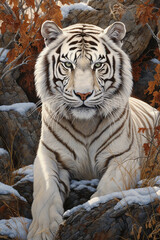 A white tiger seating on the rock, oil painting, canvas