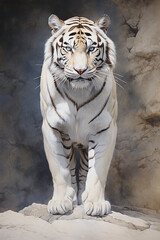 white tiger standing and sitting on white background, precisionist style