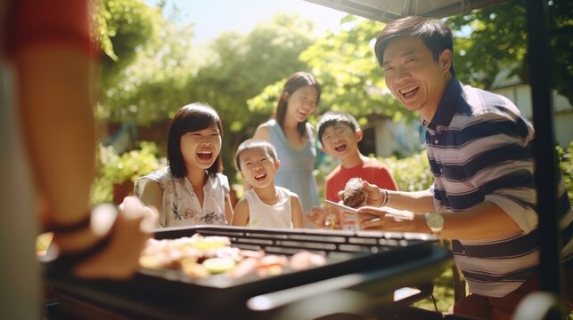 a photo of a asian chinese family and friends having a picnic barbeque grill in the garden. having fun eating and enjoying time. sunny day in the summer. for an ad. Generative AI
