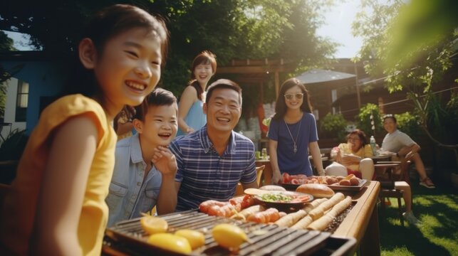 a photo of a asian chinese family and friends having a picnic barbeque grill in the garden. having fun eating and enjoying time. sunny day in the summer. for an ad. Generative AI