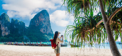 Traveler woman on vacation beach joy panoramic nature view scenic landscape Lailay beach Krabi, Attraction famous place tourist travel Phuket Thailand summer holiday trips, Beautiful destination Asia