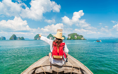 Traveler woman on boat joy fun nature view scenic landscape group of small island Krabi, Attraction famous place tourist travel Phuket Thailand summer holiday vacation trip, Beautiful destination Asia