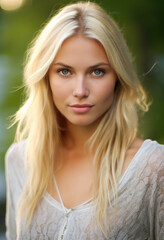 Naklejka premium Portrait of a very attractive Swedish woman with blonde hair and blue eyes