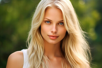 Naklejka premium Portrait of a very attractive Swedish woman with blonde hair and blue eyes