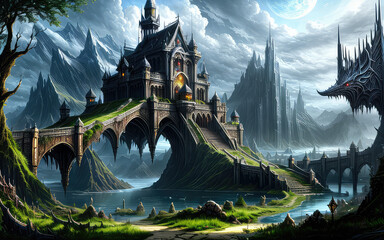 Fantasy 3D Art Environment Of Swarms Bold Sky Clouds Over Mystical Architecture
