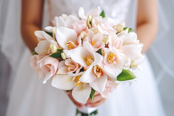 The bride holding a beautiful wedding bouquet of pink and white flowers in her hands, closeup