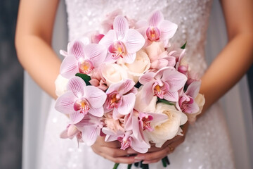The bride holding a beautiful wedding bouquet of pink and white flowers in her hands, closeup
