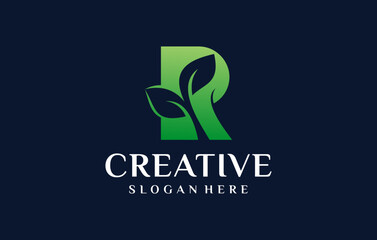 letter R negative space leaf logo design