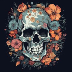 colorful sugar skull decorated with intricate floral patterns on a dark background. 