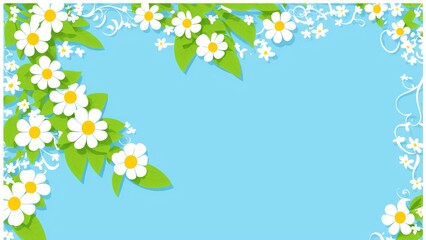 A Blue Background With White Flowers And Green Leaves