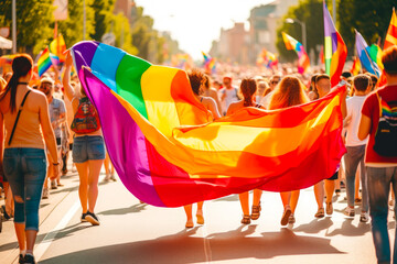 People with rainbow flag on pride parade, holding large flag