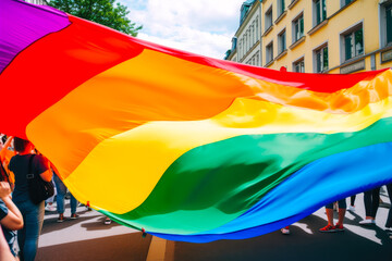 People with rainbow flag on pride parade, holding large flag