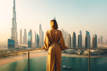 Fototapeta na wymiar Woman standing and looking at a Dubai landscape