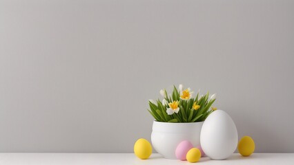 A Vase With Flowers And Easter Eggs On A Table