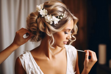 Hairdresser making an elegant hairstyle styling bride with white flowers in her hair - Powered by Adobe