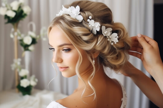 Hairdresser making an elegant hairstyle styling bride with white flowers in her hair