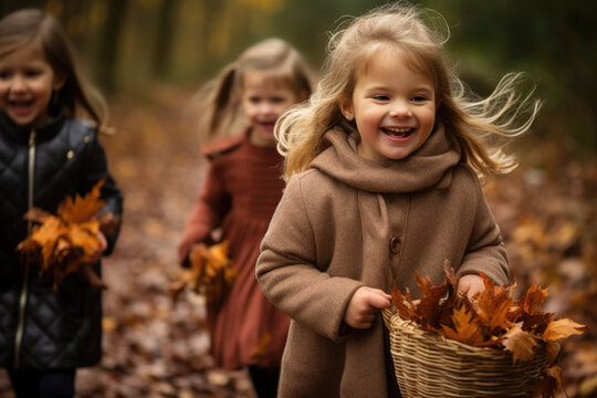 Children walking in a forest with autumn leaves. They are holding baskets of autumn leaves