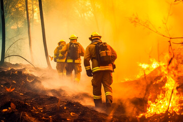 Naklejka premium Firefighters trying to put out a forest fire, firefighters fighting with grass and bush fires