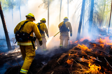 Fototapeta premium Firefighters trying to put out a forest fire, firefighters fighting with grass and bush fires