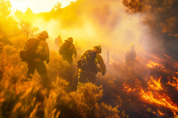 Firefighters trying to put out a forest fire, firefighters fighting with grass and bush fires