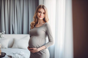 Beautiful pregnant woman hugging her tummy at home