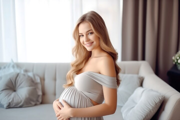 Beautiful pregnant woman hugging her tummy at home