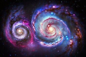Two vibrant galaxies with a massive star in blue and pink hues. Generative AI