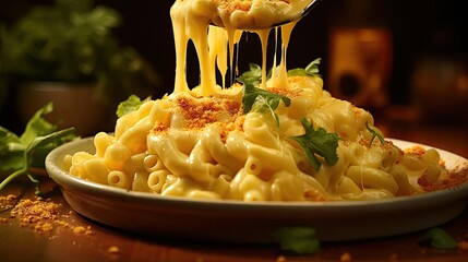 macaroni full of melted cheese sprinkled with savory herbs on a black and blurred background