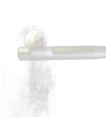 Baseball player hit ball with silver bat and sand soil explode in air. Baseball players in dynamic action hit ball smoke tail. Black background isolated freeze action