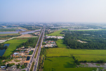 Bird eye view of transport car on the road with tree