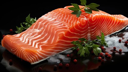 Fresh salmon with lemon slices on wooden table, black and blur background