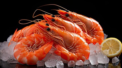 fresh shrimps on ice with lemon wedges, black background and blur