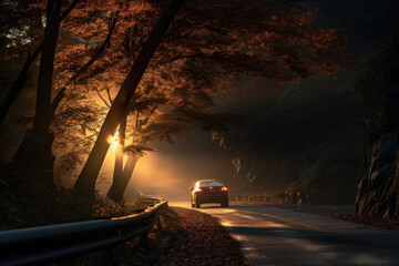 A Car on a Winding Road in the Woods. The sun is shining through the trees