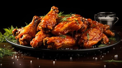 Fototapeta premium Buffalo wings with melted hot sauce on a wooden table with a blurred background
