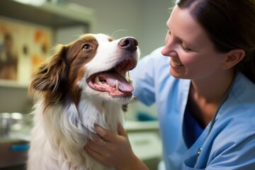 a beautiful female vet nurse doctor examining a cute happy border collie dog making medical tests...