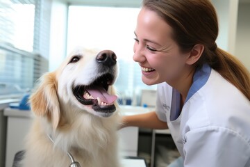 a beautiful female vet nurse doctor examining a cute happy golden retriever dog making medical tests in a veterinary clinic. animal pet health checkup. Generative AI - obrazy, fototapety, plakaty