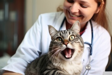 a beautiful female vet nurse doctor examining a cute happy cat making medical tests in a veterinary clinic. animal pet health checkup. Generative AI