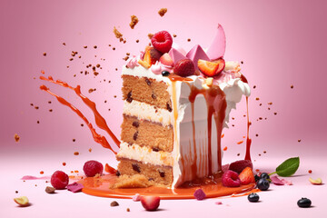 Piece of chocolate cake with berries and chocolate splash on a background