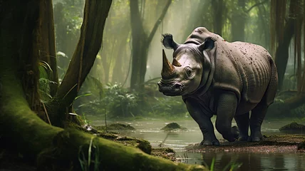 Fotobehang Image on an endangered Javan Rhino in its natural jungle environment. © Daniel L