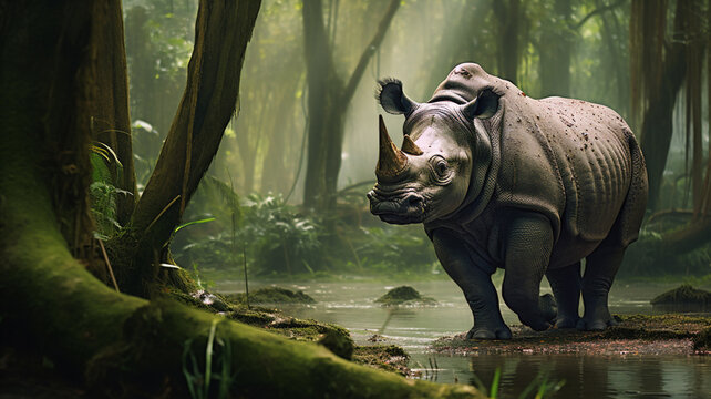 Image on an endangered Javan Rhino in its natural jungle environment.